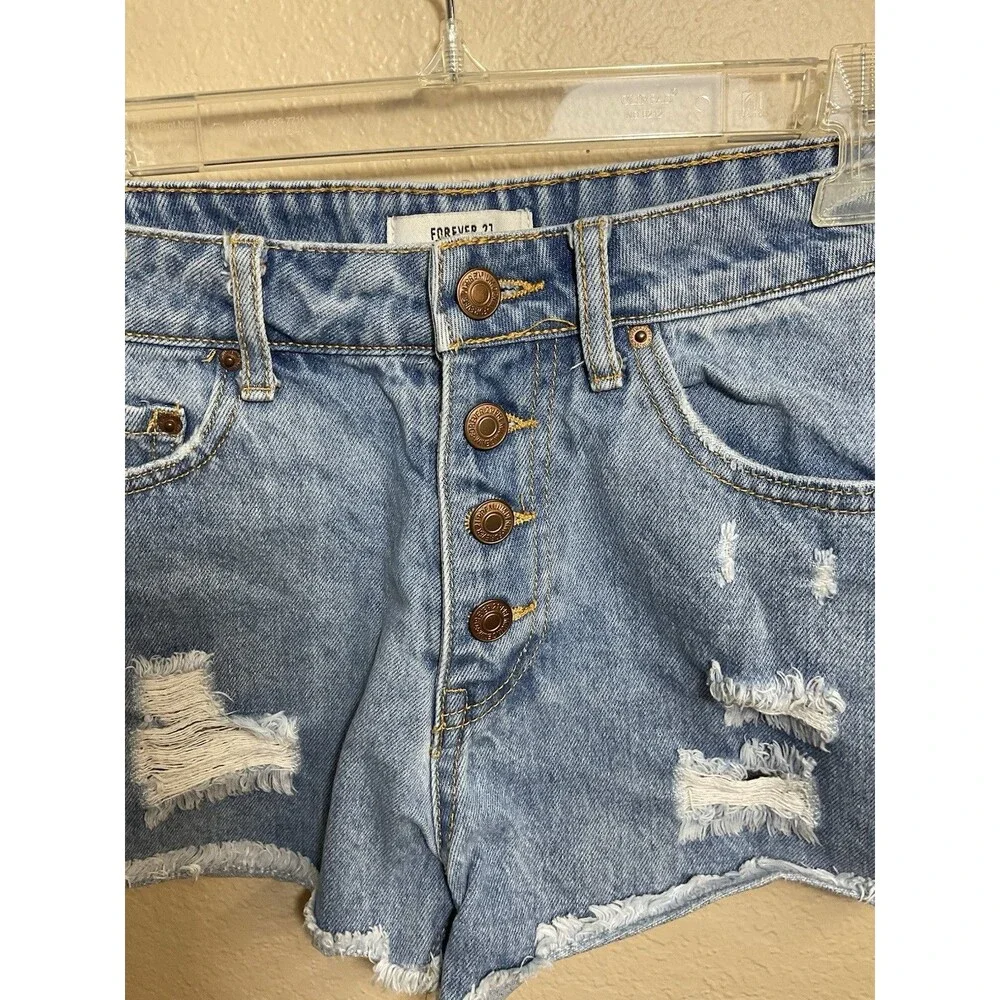 Forever 21 Button Fly Distressed Cut Off Blue Denim Shorts Size 25